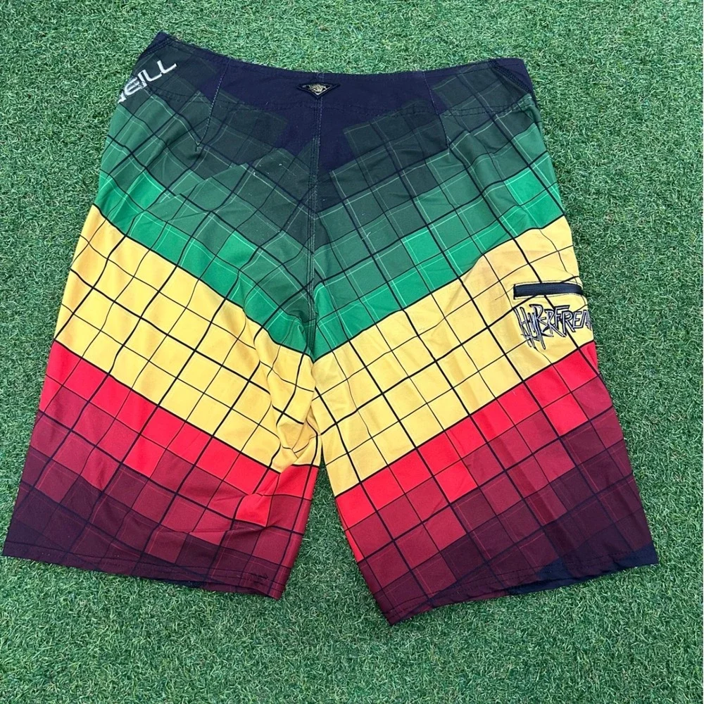 ONeill Hyperfreak Men Board Short Size 31 Rasta Green Yellow Red Grid Swim Trunk